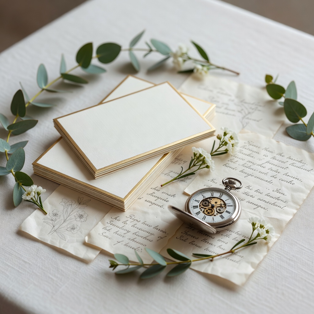 Detailed flatlay of elegant wedding invitations, planning notes, and a pocket watch indicating timing