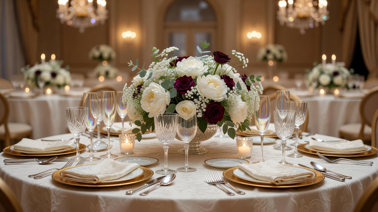 Elegant wedding reception table setting with floral arrangements and glassware