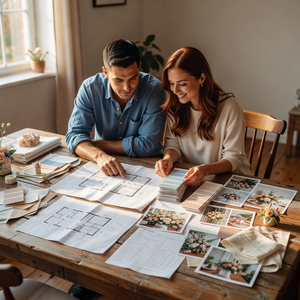 Couple reviewing planning documents and organizing wedding details