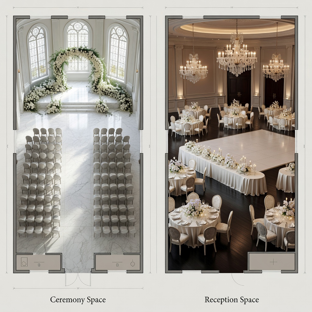 Architectural layouts and elegant venue planning for a wedding space